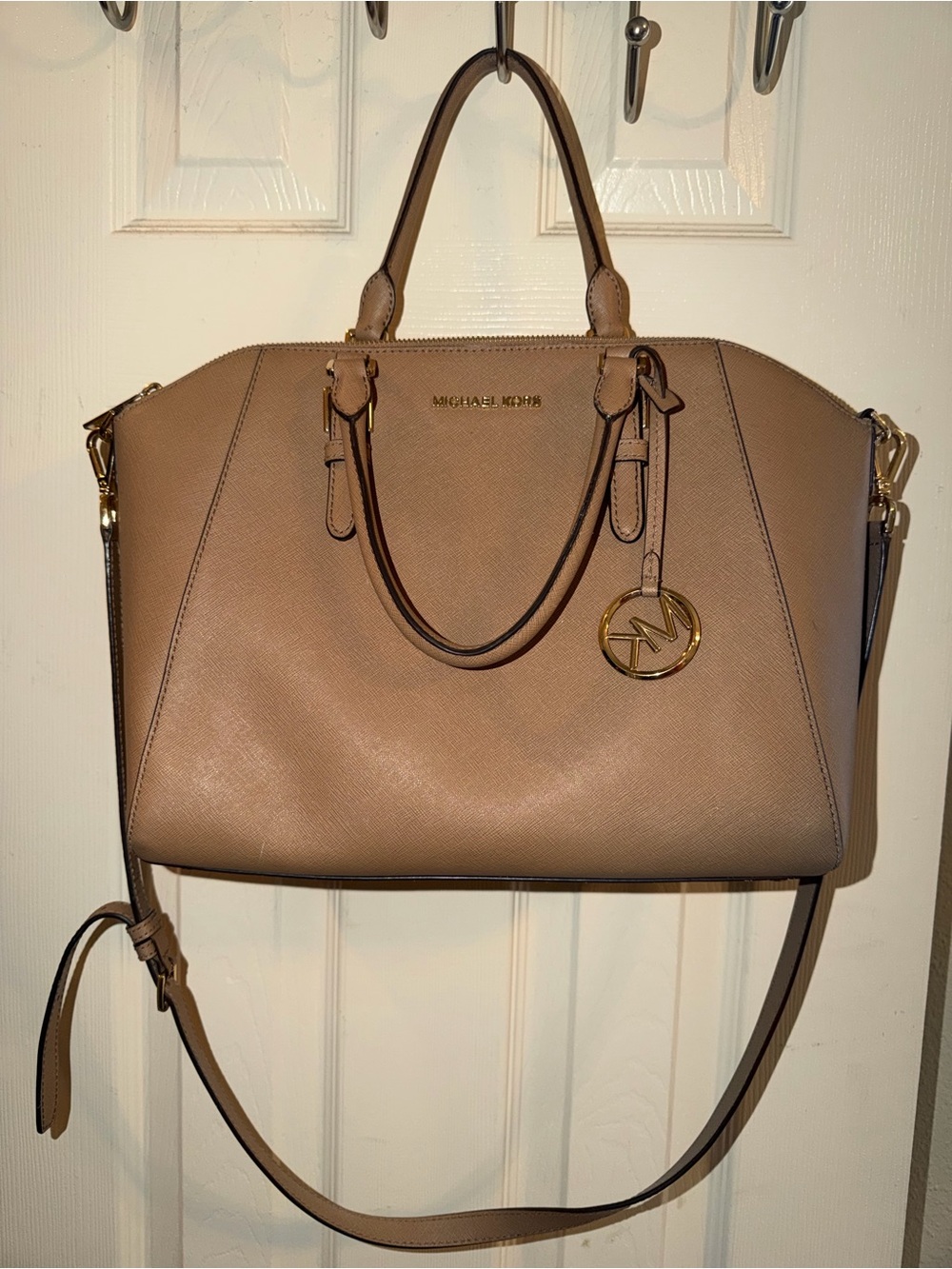 Michael Kors Taupe Saffiano Leather Satchel with Gold Hardware